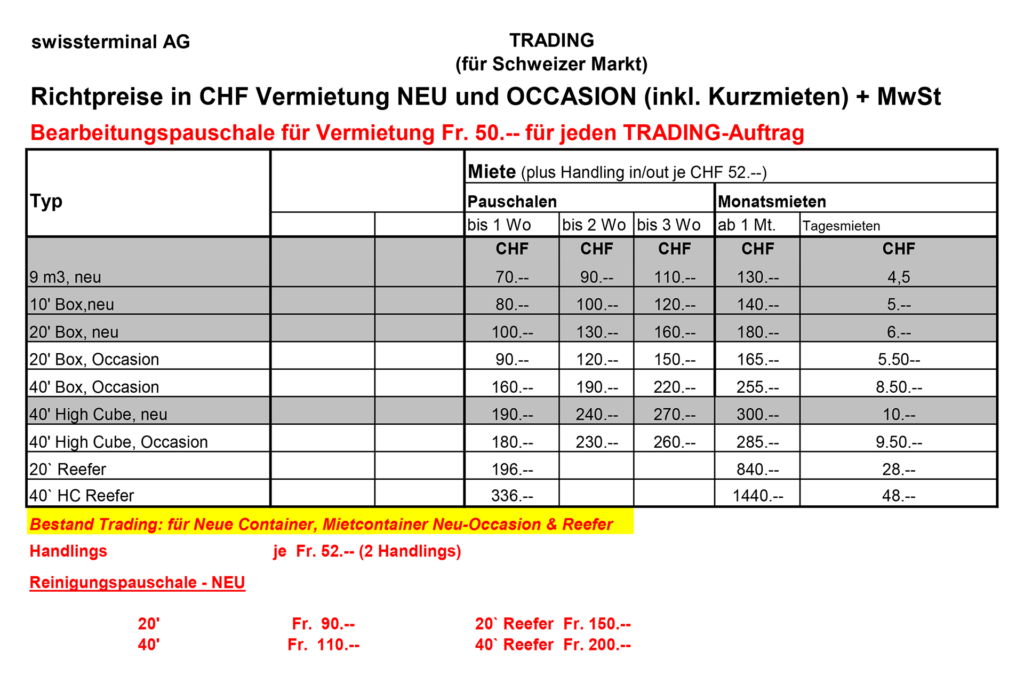 Swissterminal AG - Richtpreise in CHF Vermietung